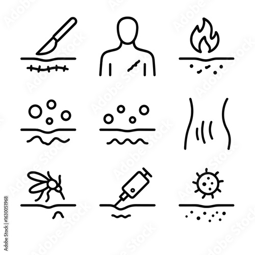 Scar Causes Icons. Outline icon set of scar causes: surgery, injury, burn, acne, chickenpox, stretch, insect bite, tattoo removal,