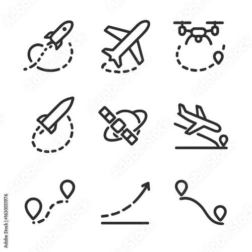 Flight Trajectories Icons. Outline icon set of flight trajectories: rocket path, airplane route, drone flight path, missile