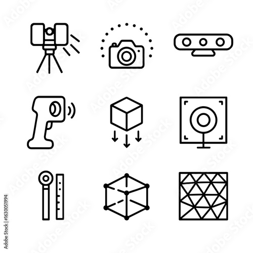 3D Scanning Devices. Outline icon set of 3D scanning devices: laser scanner, photogrammetry, depth camera, handheld scanner, 3D