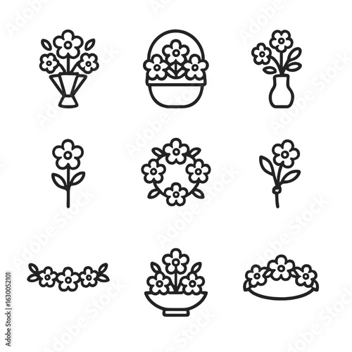 Floral Line Icon Set. Outline icon set of flower arrangements: bouquet, flower basket, flower vase, single stem, floral wreath,
