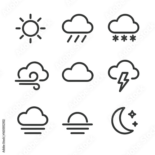 Scenic Weather Icons. Outline icon set of scenic weather conditions: sunny, rainy, snowy, windy, cloudy, stormy, foggy, sunset,
