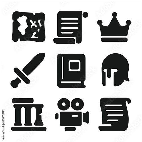 Historical Icon Grid. Solid, filled icons set of Historical book adaptations: old map, scroll, crown, sword,