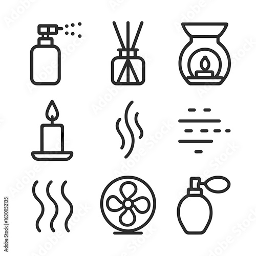 Scent Diffusion Icons. Outline icon set of scent diffusion methods: spray bottle, reed diffuser, aroma lamp, candle flame, vapor,