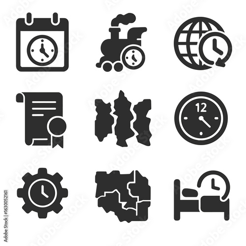 Historical Time Zone Icons. Solid, filled icons set of historical changes in time zones: calendar with old