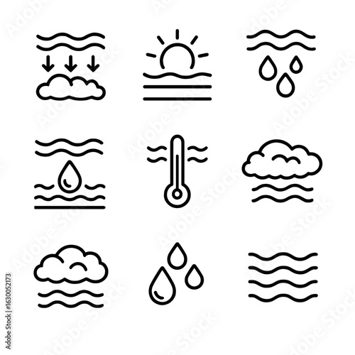 Fog Formation Icons. Outline icon set of fog formation: cold air, warm ground, water vapor, dew point, condensation, temperature