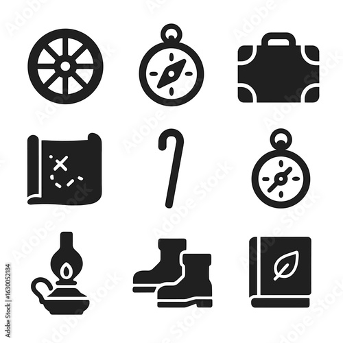 Historical Travel Icons. Solid, filled icons set of historical travel: wagon wheel, compass, travel trunk, map