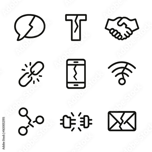 Schism Communication Icons. Outline icon set of schism communication: broken speech bubble, fractured letter, parted handshake,