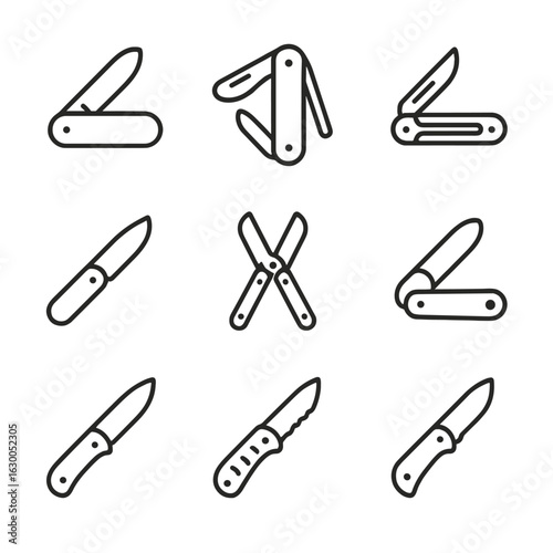 Folding Knives Icon Set. Outline icon set of folding knives: pocket knife, Swiss army knife, butterfly knife, folding blade, multi