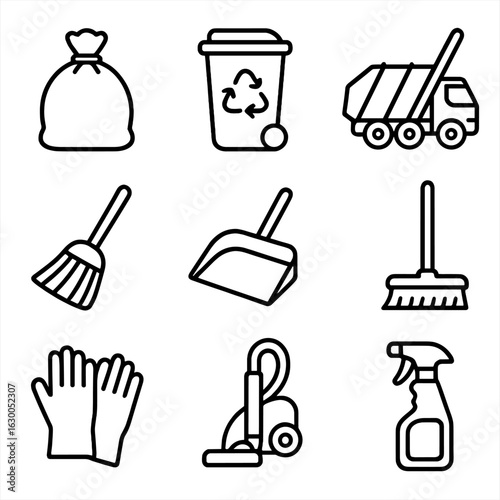 Holiday Cleanup Icons. Outline icon set of waste and cleaning after holidays: trash bag, recycling bin,