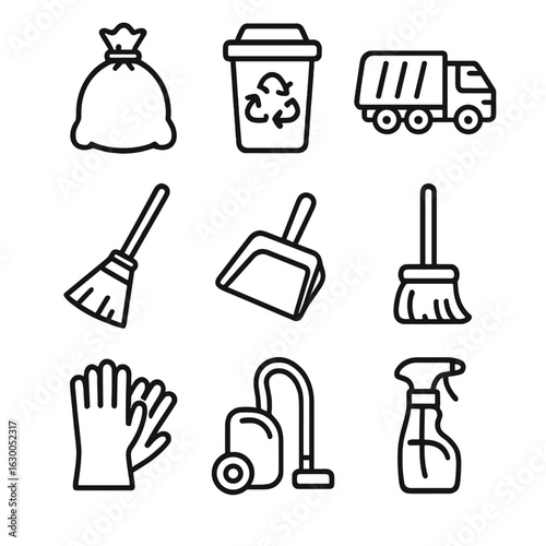 Holiday Cleanup Icons. Outline icon set of waste and cleaning after holidays: trash bag, recycling bin,