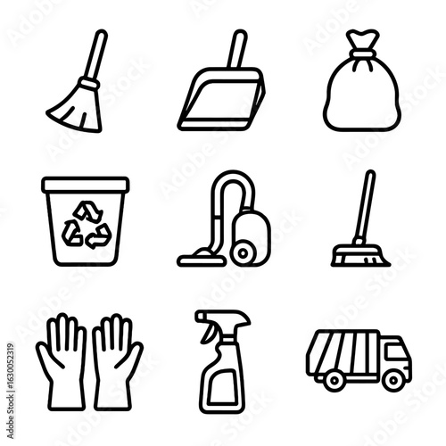 Holiday Cleanup Icons. Outline icon set of cleaning up after holidays: broom, dustpan, trash bag, recycling