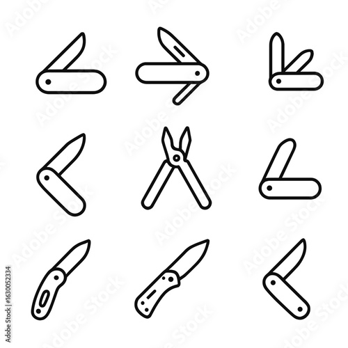 Folding Knives Icon Set. Outline icon set of folding knives: pocket knife, Swiss army knife, butterfly knife, folding blade, multi