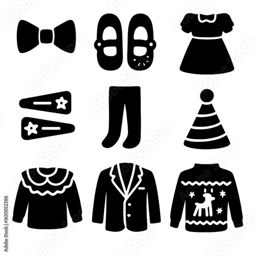 Holiday Outfit Icons. Solid, filled icons set of holiday party outfits for kids: bow tie, glitter shoes,