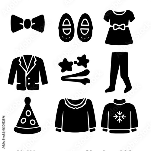 Holiday Outfit Icons. Solid, filled icons set of holiday party outfits for kids: bow tie, glitter shoes,