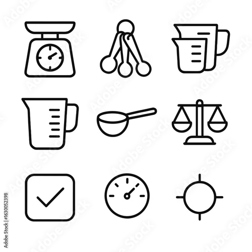 Food Measuring Icons Set. Outline icon set of food measuring tools: kitchen scale, measuring spoons, measuring cups, liquid