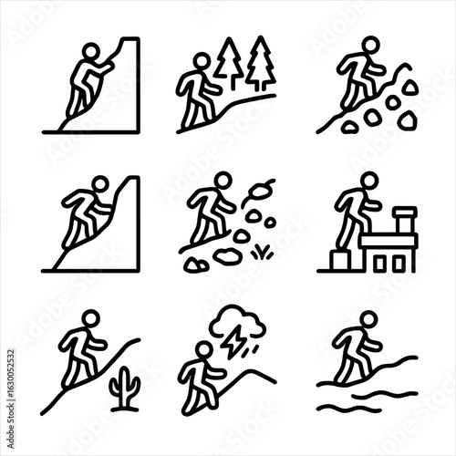 Scramble Icon Set. Outline icon set of scramble scenarios: mountain climb, forest trail, rocky slope, cliff edge, rugged path,