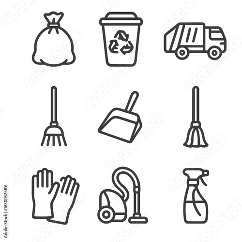Holiday Waste Icon Set. Outline icon set of waste management after holidays: trash bag, recycling bin, garbage