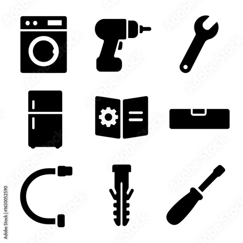Home Appliance Icons. Solid, filled icons set of installing and maintaining home appliances: washing machine,
