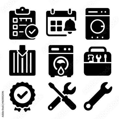 Home Appliance Icons. Solid, filled icons set of routine home appliance checks: monthly checklist, calendar