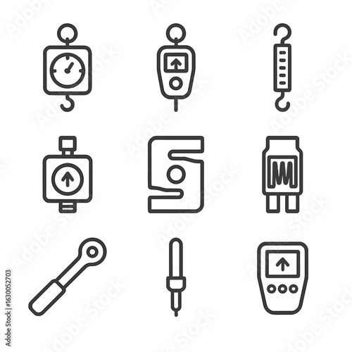 Force Tool Icons Grid. Outline icon set of force measurement tools: dynamometer, force gauge, spring scale, pressure sensor, load