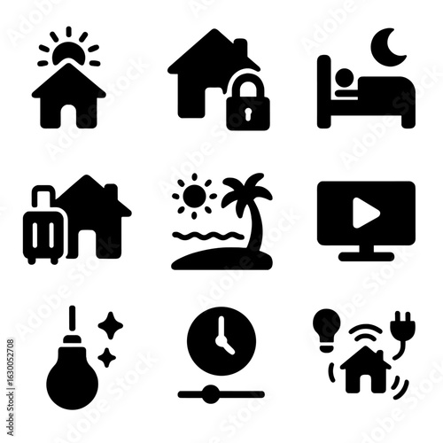 Home Automation Icons. Solid, filled icons set of home automation scenes: sunrise mode, away mode icon,