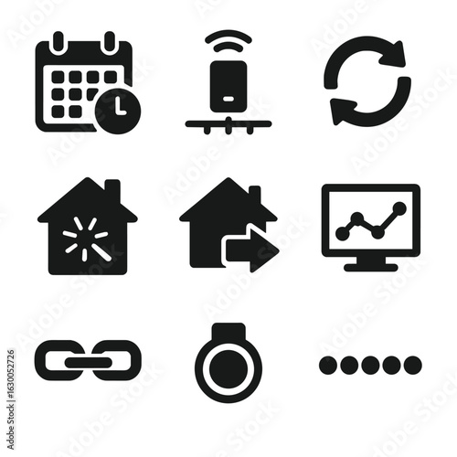 Home Automation Icons. Solid, filled icons set of home automation scheduling: calendar with clock, device