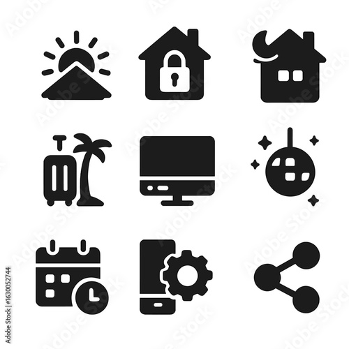 Home Automation Icons. Solid, filled icons set of home automation scenes: sunrise mode, away mode icon,