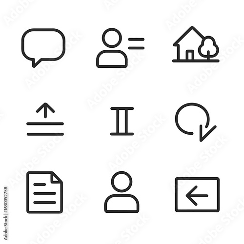Script Elements Icons. Outline icon set of script elements: dialogue bubble, character profile, scene setting, stage direction,