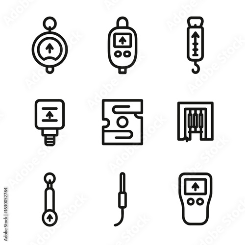 Force Tool Icons Grid. Outline icon set of force measurement tools: dynamometer, force gauge, spring scale, pressure sensor, load