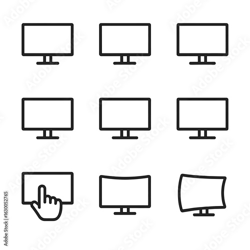 Screen Type Icons. Outline icon set of screen types by technology: LCD, OLED, LED, Retina, AMOLED, E-ink, touchscreen, curved