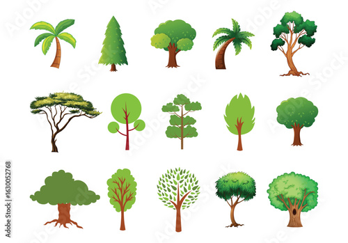 Cartoon trees set isolated on a white background. 
Simple modern style. Cute green plants, forest. 
It can be used to illustrate any nature or healthy 
lifestyle topic. Flat style vector illustration.