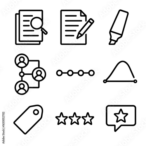 Script Analysis Icons. Outline icon set of script reading and analysis: script review, notes, highlighter, character chart,