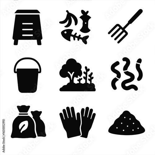 Home Composting Icons. Solid, filled icons set of home composting setup: compost bin, kitchen scraps, aeration