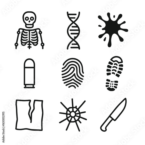 Forensic Science Icons. Outline icon set of remains in forensic science: skeletal remains, DNA sample, blood spatter, bullet