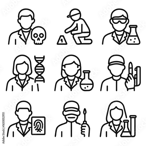 Forensic Icons Set. Outline icon set of forensic specialists: forensic pathologist, crime scene investigator, forensic scientist,