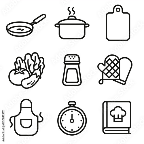 Home Cooking Icons. Outline icon set of home-cooked meal: frying pan, cooking pot, chopping board, fresh