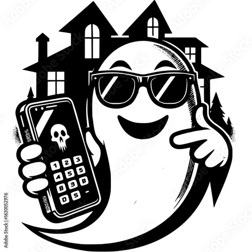 Spooky Call: A cartoon-style depiction of a cool ghost holding a smartphone, set against a silhouette of a haunted house, perfect for Halloween.