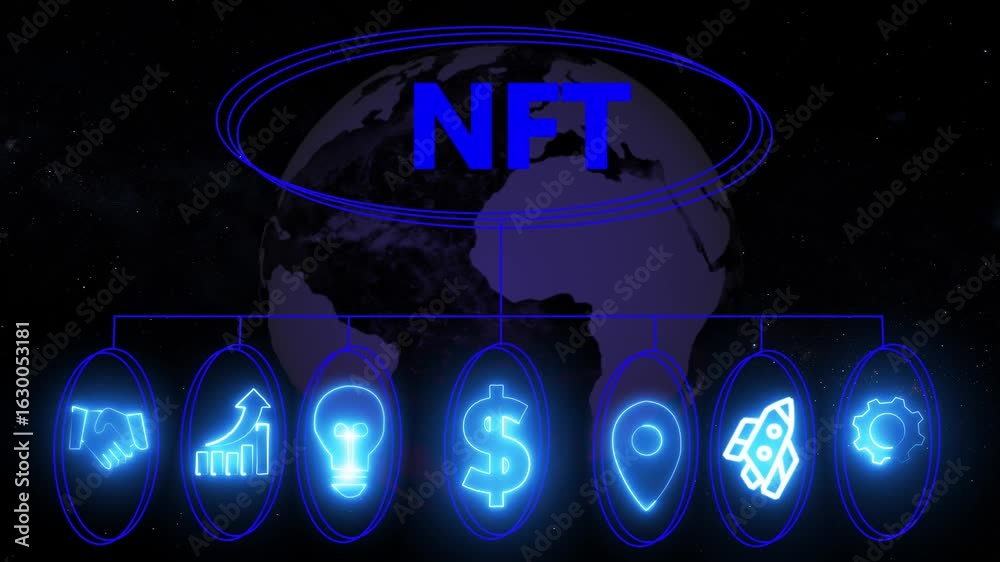 NFT Non-fungible token digital crypto on virtual screen, business insights from large data sets. Animated data analytics banner web icons isolated on transparent background