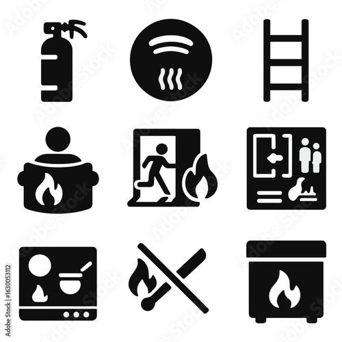 Home Fire Safety Icons. Solid, filled icons set of fire safety at home: fire extinguisher, smoke alarm, escape