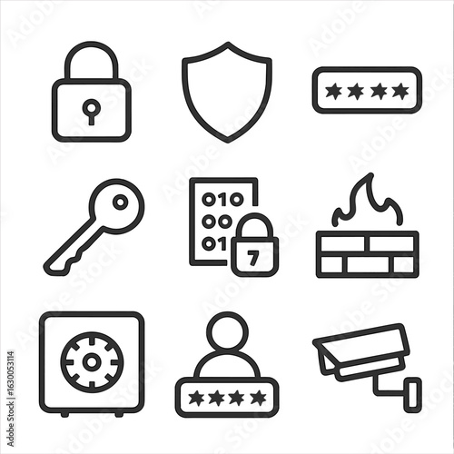 Security Icon Set. Outline icon set of memory backup and security: lock, shield, password, key, encryption, firewall, safe, user