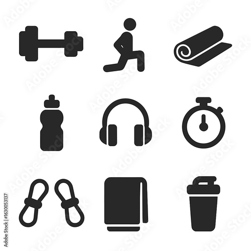 Home Fitness Icons. Solid, filled icons set of home fitness routine: dumbbells, lunges, yoga mat, water bottle