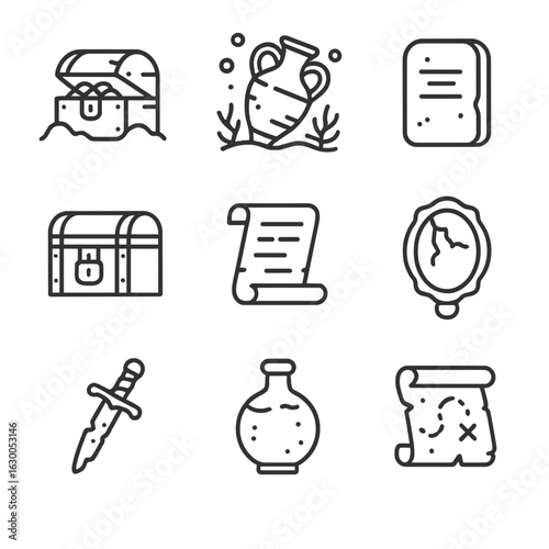 Forgotten Relics Icons. Outline icon set of forgotten relics: buried treasure, sunken artifact, eroded tablet, sealed chest,
