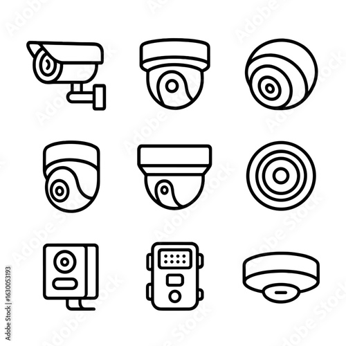 Security Camera Icons. Outline icon set of security camera types: bullet camera, dome camera, turret camera, PTZ camera, box