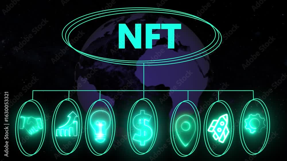 NFT Non-fungible token digital crypto on virtual screen, business insights from large data sets. Animated data analytics banner web icons isolated on transparent background