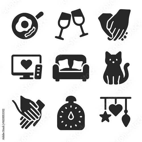 Home Intimacy Icons. Solid, filled icons set of home intimacy and care: cooking breakfast, sharing wine,