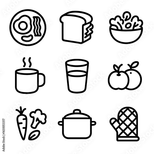 Daily Food Icons. Outline icon set of daily food: breakfast plate, sandwich, salad, coffee cup, water glass, fruit, vegetables,