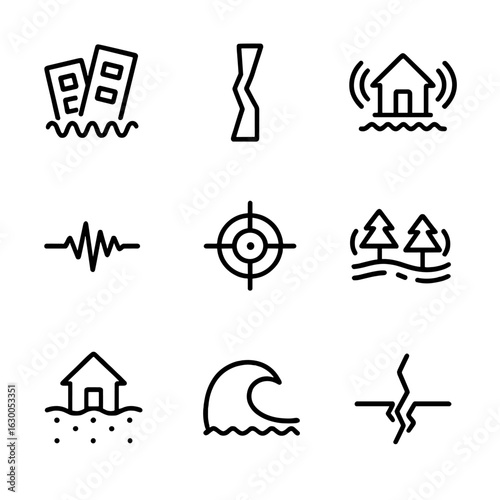 Seismic Icon Set. Outline icon set of seismic phenomena: earthquake, fault line, aftershock, seismic wave, epicenter, tremor,