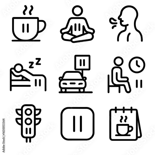 Daily Pause Icons. Outline icon set of pause in daily life: coffee break, meditation, breathing exercise, power nap, rest stop,