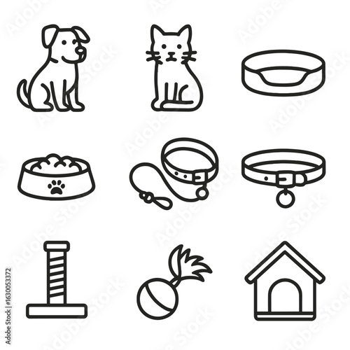 Home Pet Icons. Outline icon set of pets in home environments: dog, cat, pet bed, food bowl, leash, collar,