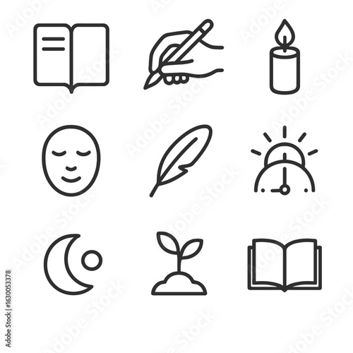 Daily Reflection Icons. Outline icon set of daily reflection: journal notebook, writing hand, candle flame, peaceful face, soft